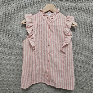 JOY JOY Girls Pink Striped Ruffle Button Top Size S